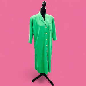 Vintage Henry Lee Green Button Front Midi Dress Size 16 XL 1X Dolman Sleeve 80s